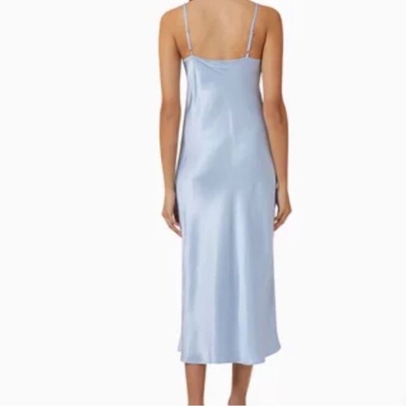 NWT SLEEPER Boheme Feather-trimmed Midi Slip Dress in Ecovero Blue M - Picture 2 of 11